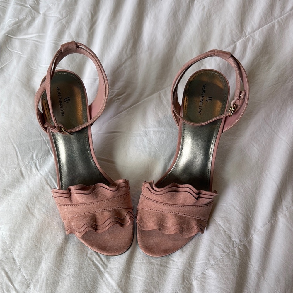 Worthington Pink Heels with Ankle Strap and Ruffle Detail